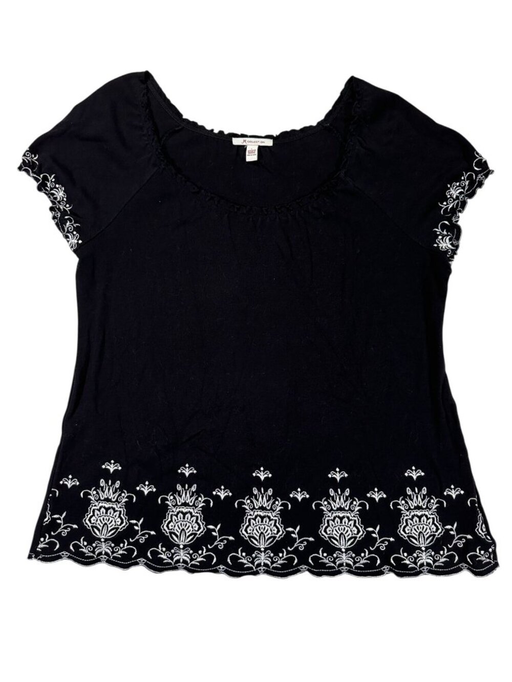JM Collection Womens Large Black Top Embroidered Floral Short Sleeve Casual